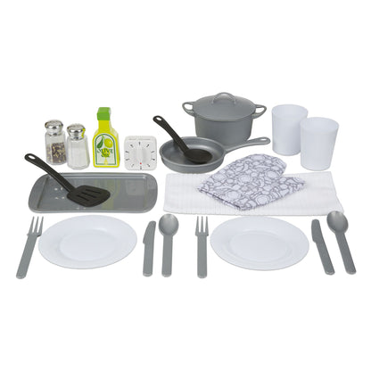 Pretend Play Kitchen Chef Accessory Set with 20 pieces including gray cookware, white dishes, and utensils