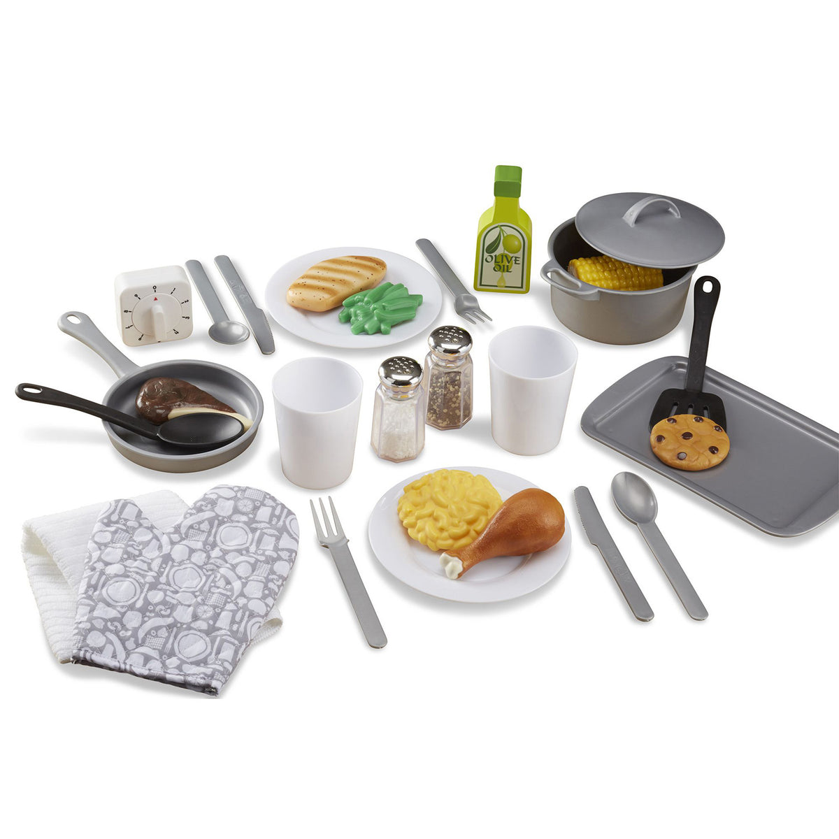 Pretend Play Kitchen Chef Accessory Set with 20 pieces including pots, pans, plates, food, and utensils