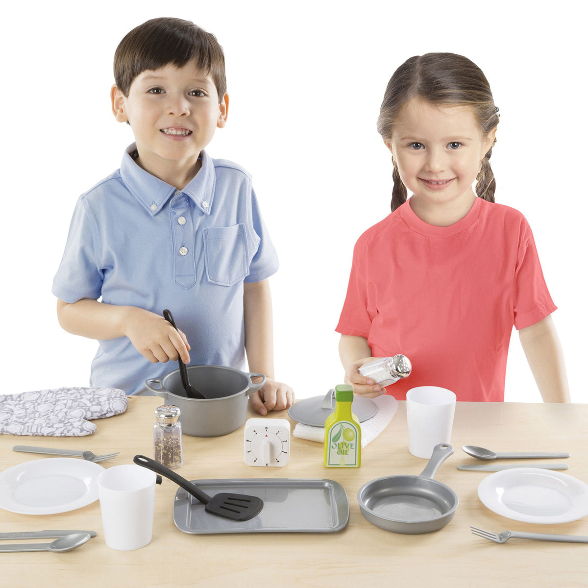 Pretend Play Kitchen Chef Accessory Set with two children using cooking tools and accessories