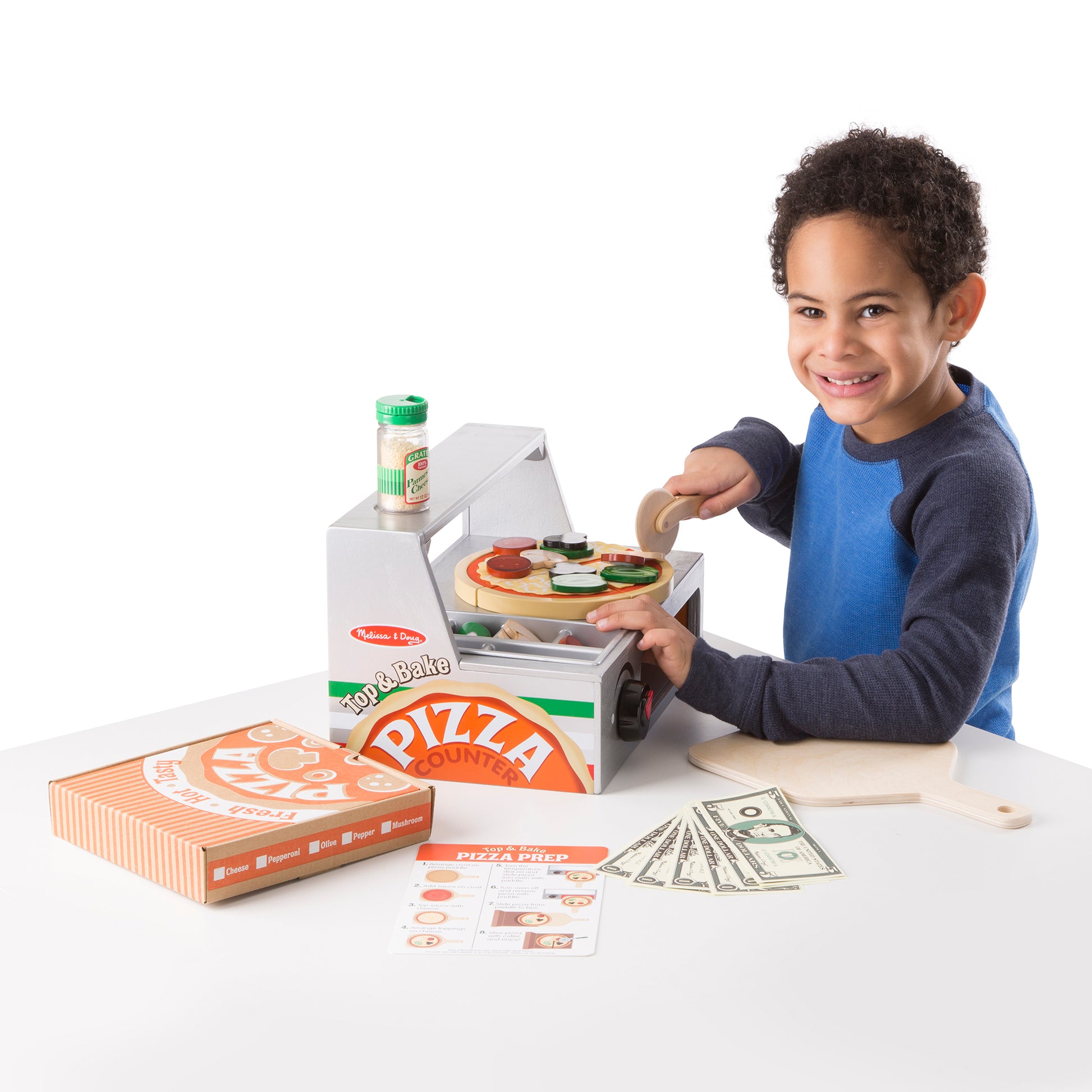 Top & Bake Pizza Counter Chef Play Set with child playing, includes pizza maker toy and accessories
