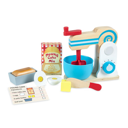 Melissa & Doug Wooden Make-a-Cake Mixer Set with blue mixer, wooden accessories, and recipe card