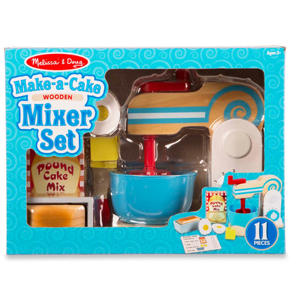 Melissa & Doug Wooden Make-a-Cake Mixer Set with blue mixer, wooden accessories, and play food