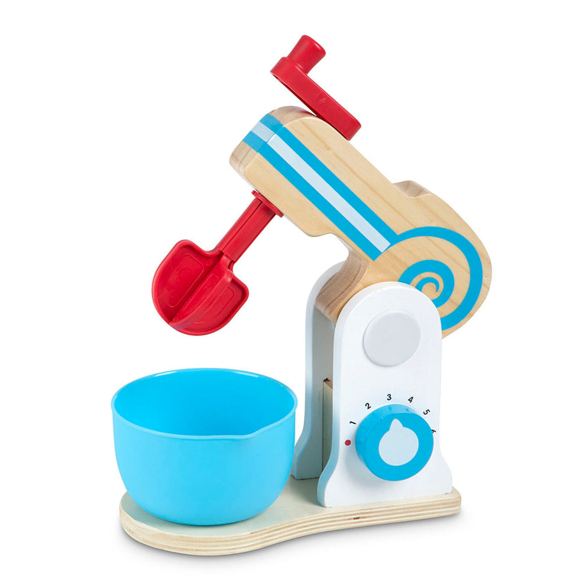 Melissa & Doug Wooden Make-a-Cake Mixer Set with blue bowl, white and blue mixer, and red accessories