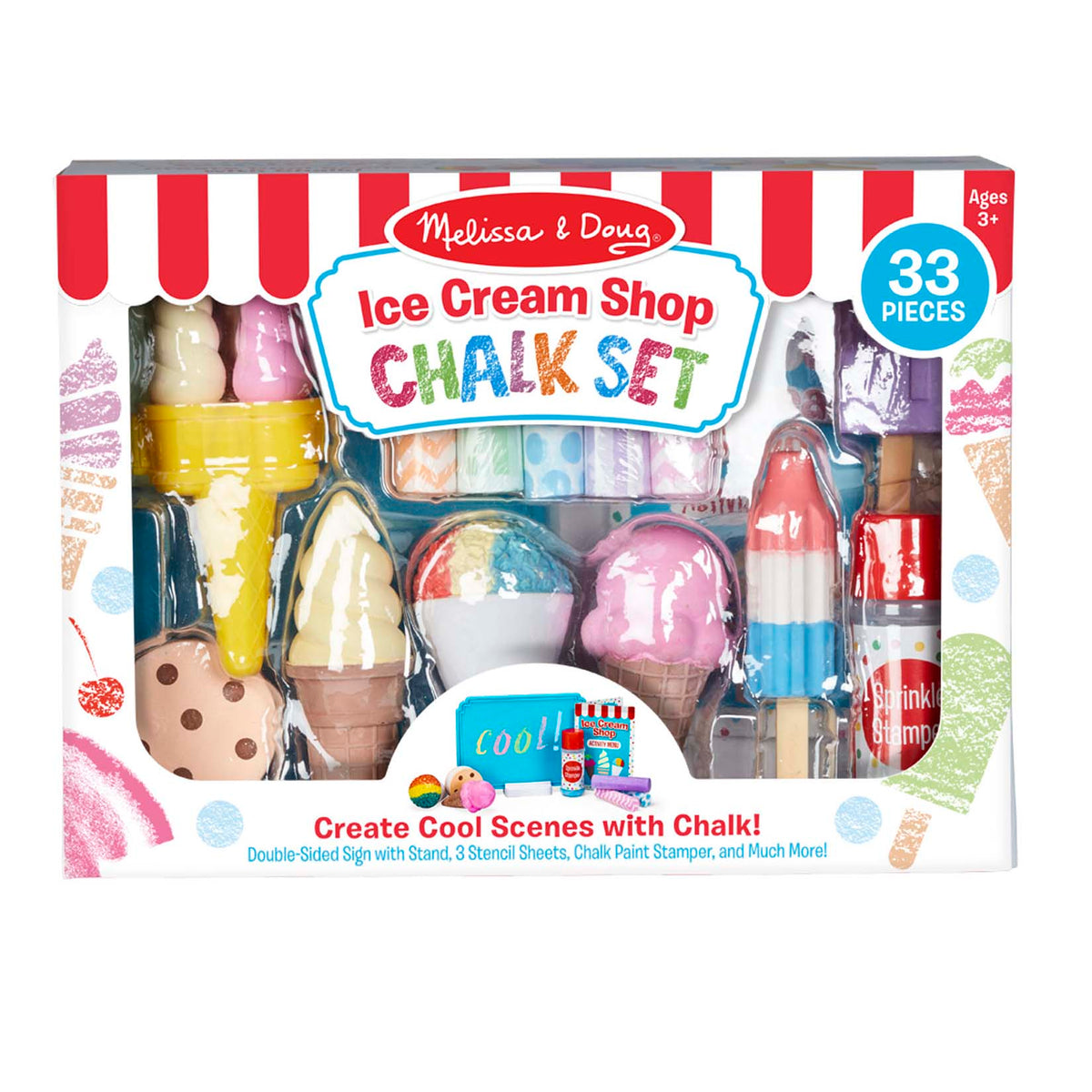 Melissa & Doug Ice Cream Shop Chalk Set with 33 pieces including ice cream cones, chalk, stencils, and double-sided sign