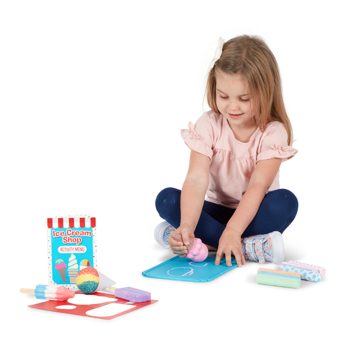Ice Cream Shop Chalk Set 33-Piece with girl playing, colorful chalk and activity menu