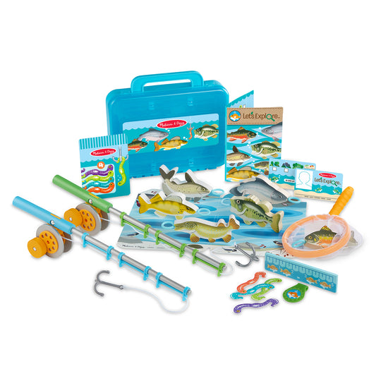 Melissa & Doug Let's Explore Fishing Play Set with blue carrying case, fishing rods, colorful fish, net, and educatio...