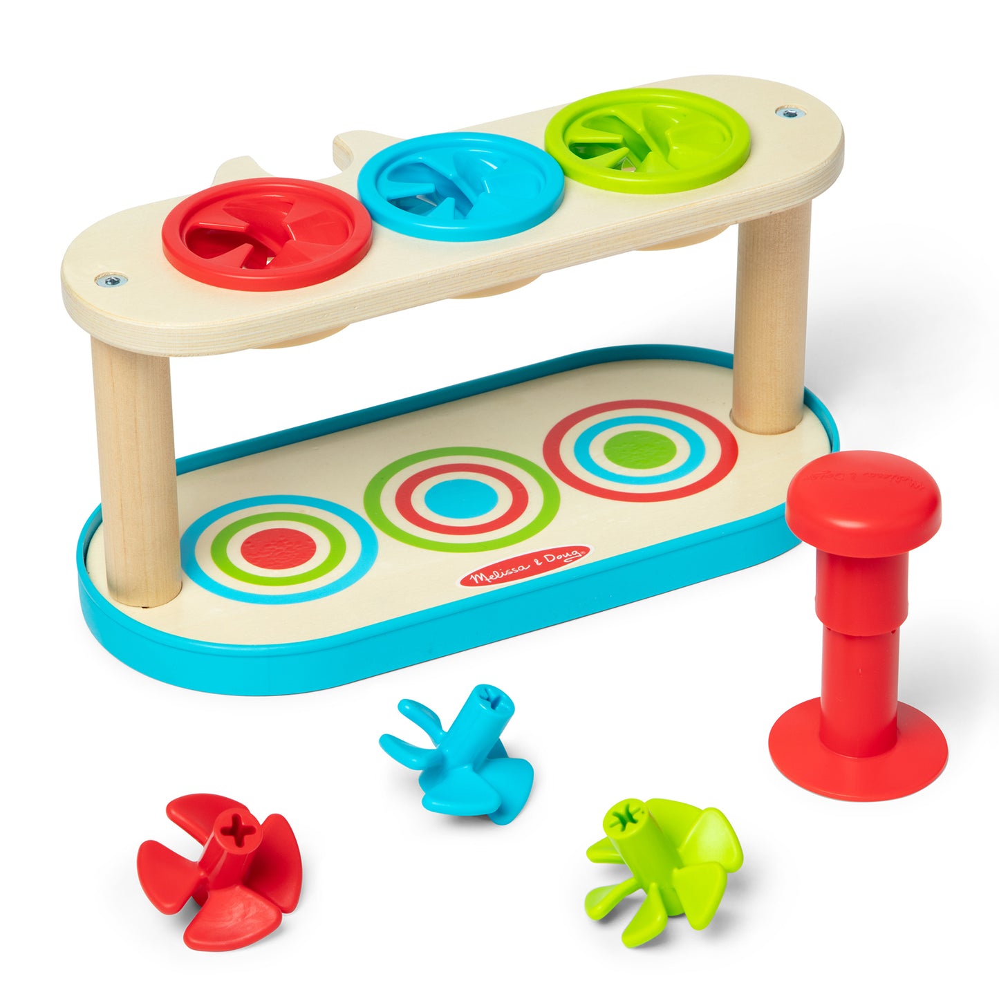 Melissa & Doug Match & Push Spinning Tops wooden toy with red, blue, and green tops and colorful targets