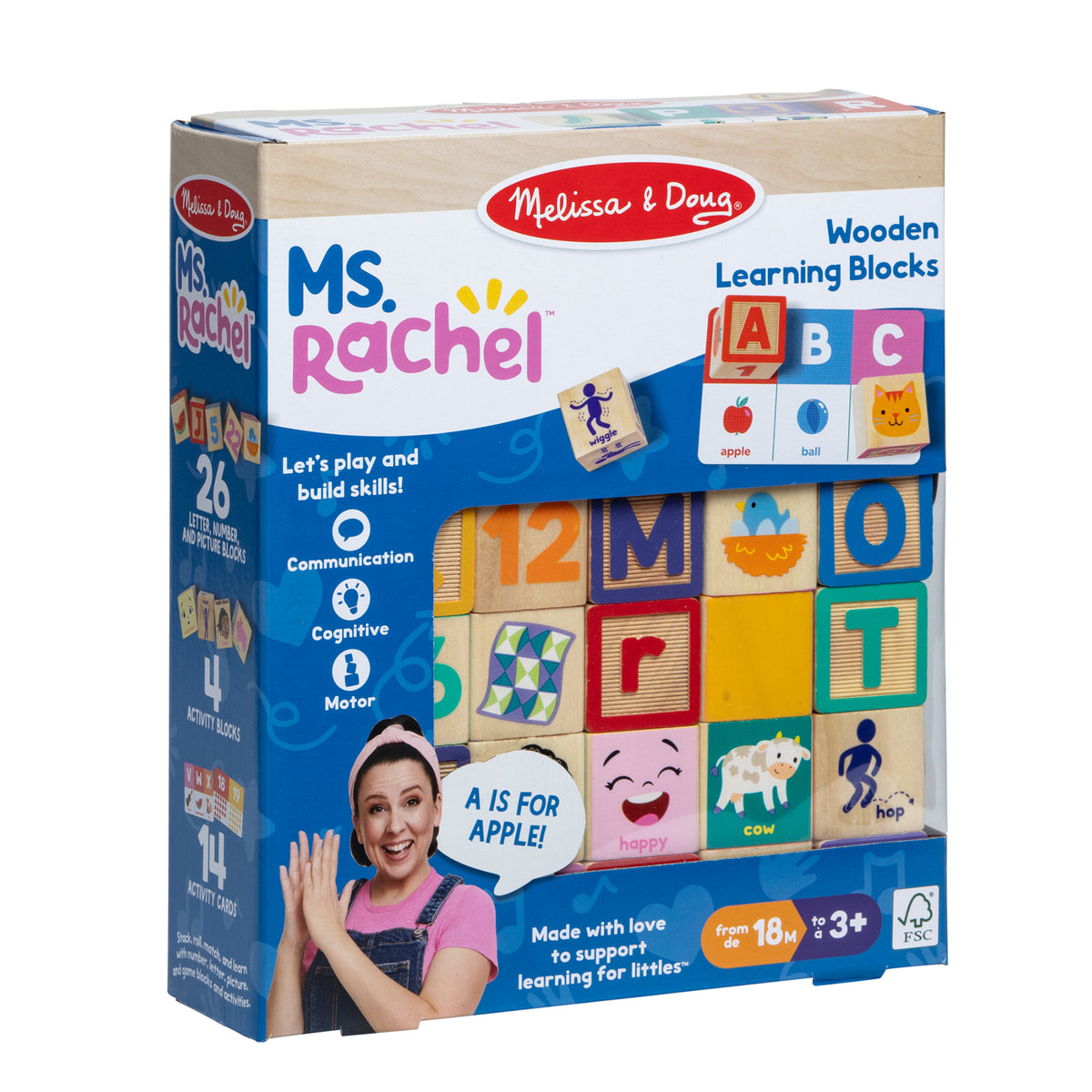 Melissa & Doug Ms. Rachel Wooden Learning Blocks with colorful alphabet and picture tiles for toddlers