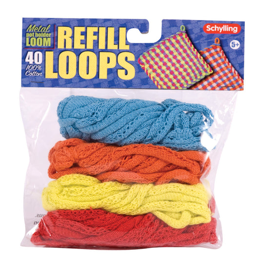 Schylling Metal Potholder Loom refill pack with 40 cotton loops in blue, orange, yellow, and red