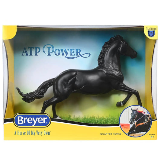 Black model horse in mid-gallop pose in yellow-bordered package labeled ATP Power by Breyer Traditional Series