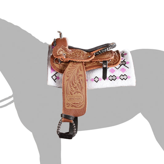 Brown tooled leather Western pleasure saddle with white blanket featuring pink and black geometric patterns, displayed on gray horse silhouette