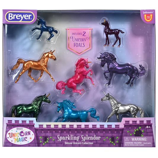 Breyer Stablemates Sparkling Splendor Deluxe Unicorn Collection set with 9 miniature unicorn figurines in metallic colors including gold, pink, purple, blue, gr