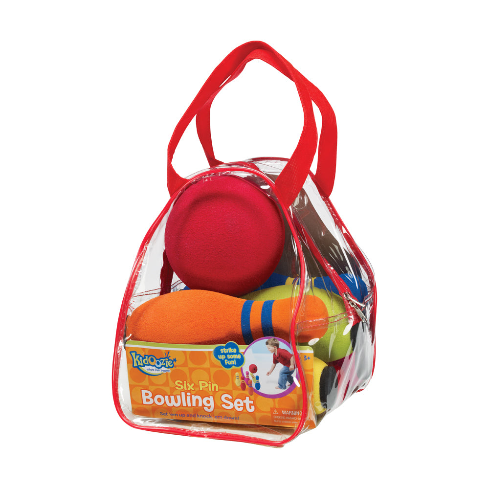 Kidoozie Six Pin Bowling Set in red zippered carry bag with colorful foam pins and ball