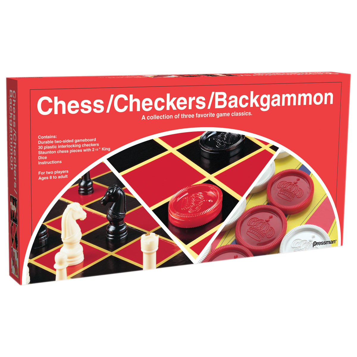 Chess, Checkers & Backgammon 3-in-1 Game Set with red and black board, white and black pieces