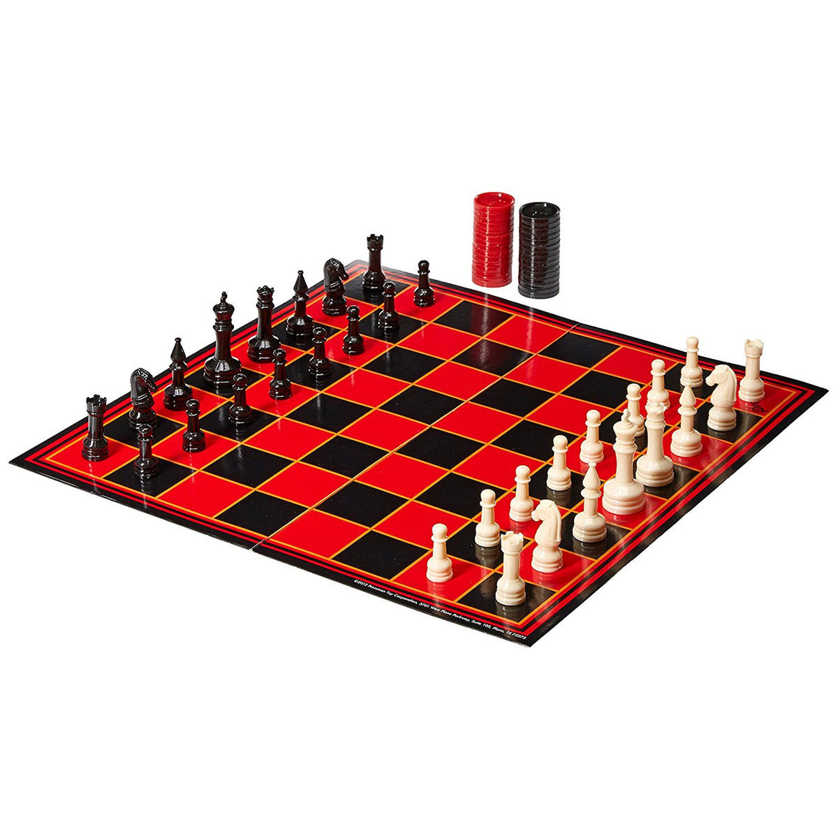 Chess, Checkers & Backgammon 3-in-1 Game Set with red and black board, black pieces, cream pieces, and game chips
