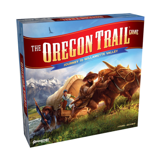The Oregon Trail Game: Journey to Willamette Valley board game box showing covered wagon, oxen, and pioneers on a mountain landscape
