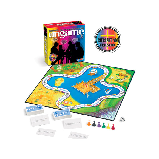 The Ungame Christian Edition board game displayed with box, colorful game board with winding path and blue water sections, card decks, colored player pieces, an