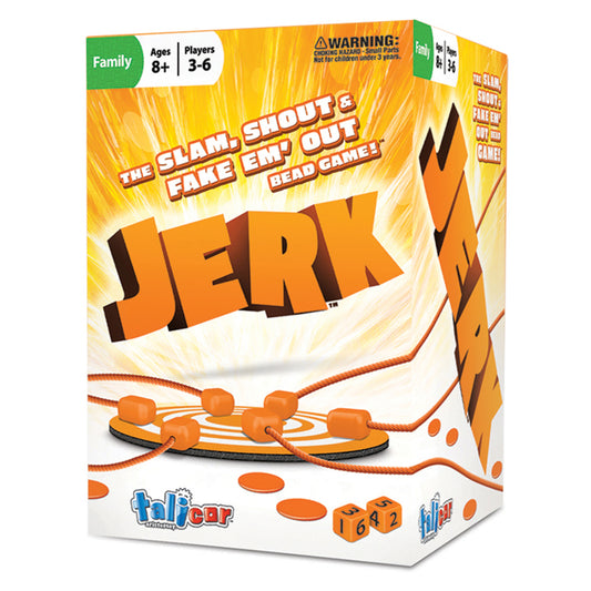 JERK Family Dice Game box showing orange ropes, game pieces, and dice. Ages 8+, 3-6 players. The Slam, Shout & Fake Emp Out Bead Game by Talicor.