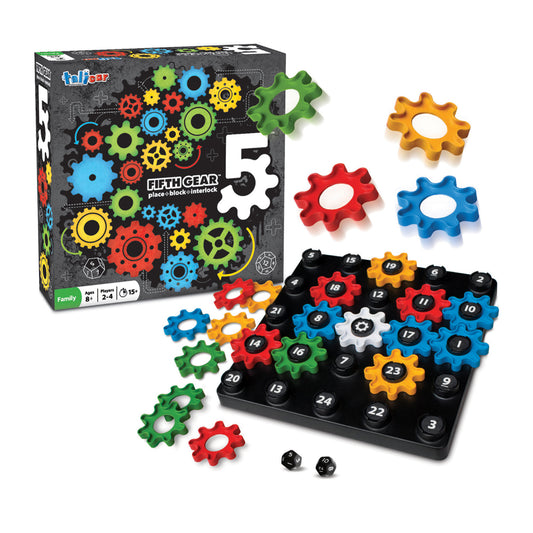 Fifth Gear board game box and components including colorful interlocking gears in red, blue, green, orange, and yellow, numbered black center pieces, a black ga