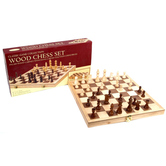Classic Game Collection wood chess set with inlaid wood cabinet, hand-carved Staunton chess pieces in light and dark wood, displayed with open board and packagi