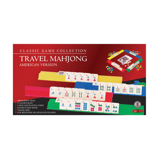 Travel Mahjong American Version game box showing 166 playing tiles arranged on colored racks, 4 color racks, dice, and instruction book for ages 14+