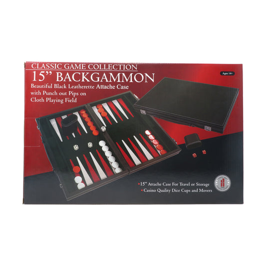 15-inch black leatherette backgammon set with attached case, showing open board with red, white, and black game pieces and dice cups
