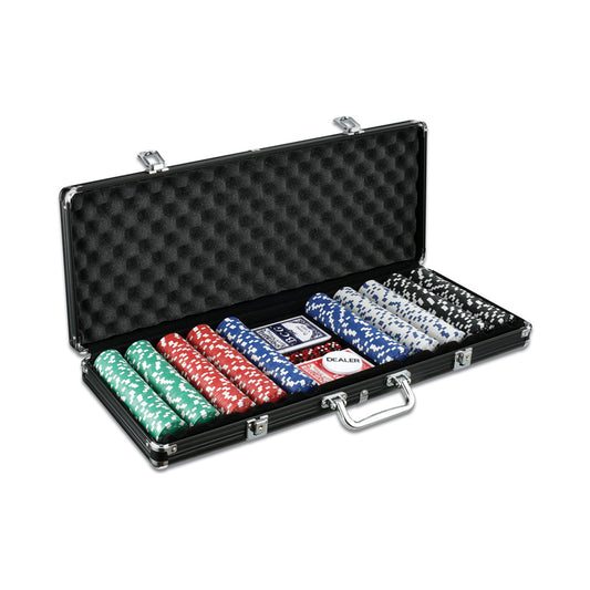 Black aluminum case poker set open to display 500 colored chips in green, red, and blue, two decks of cards, and dealer button