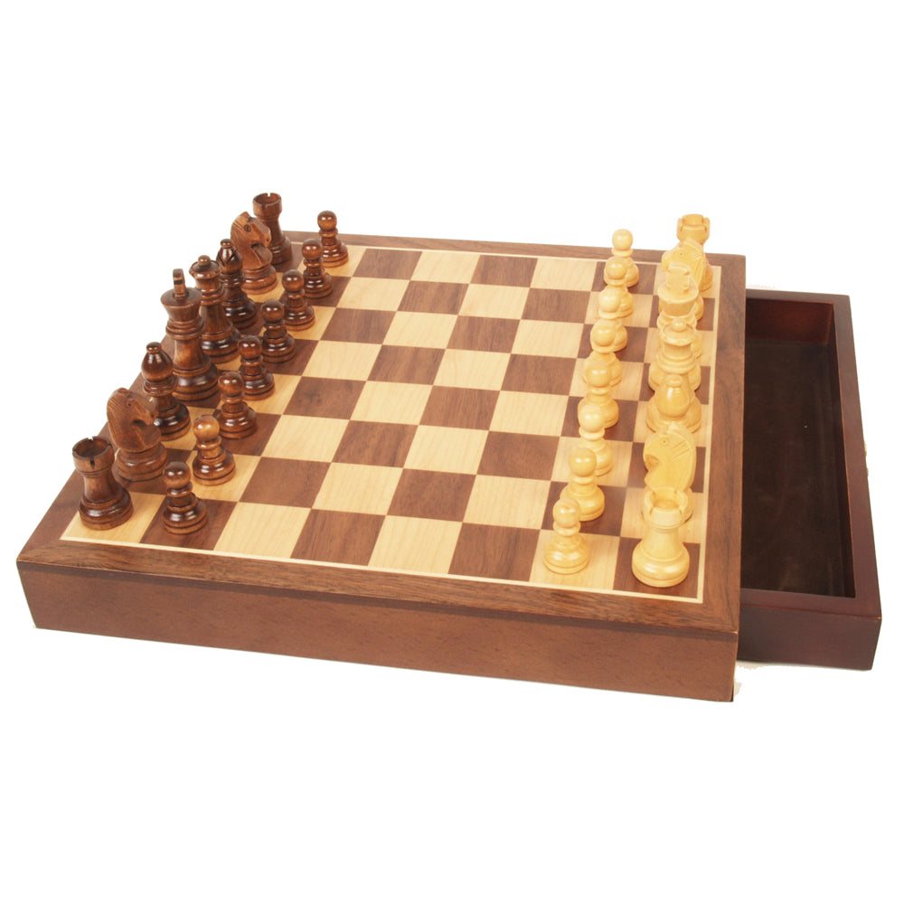 John N. Hansen Co. Elegant Walnut Wood Chess Set with Inlaid Board and Storage
