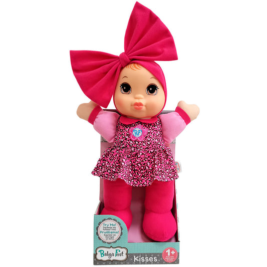 Baby's First Kisses doll with large hot pink bow headwear, pink leopard-print dress, pink puffy sleeves, and matching pink legs, on plain background