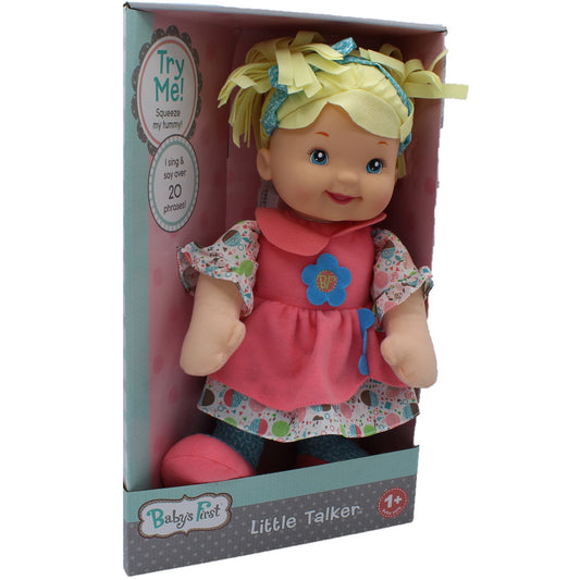 Baby's First Little Talker doll in packaging with yellow yarn hair, blue eyes, coral dress with blue flower, patterned sleeves, and blue headband