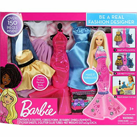 Barbie Be A Real Fashion Designer Set with blonde doll, five colorful outfits, dress form, fabric embellishments, and sticker sheets in pink packaging