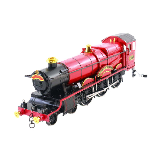 Red and black metal model train with gold accents, featuring a locomotive engine, boiler, and passenger car with detailed metalwork on plain white background