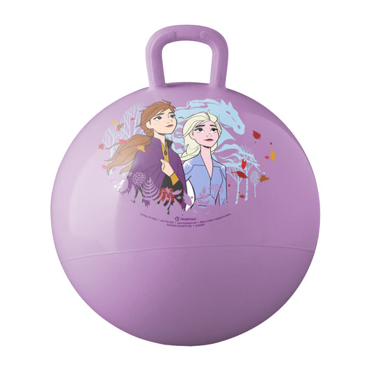 Purple hopper ball with handle featuring Disney Frozen 2 characters Anna and Elsa with magical ice graphics