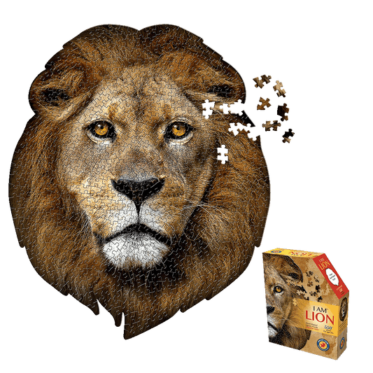 Lion head-shaped jigsaw puzzle with golden brown and white coloring, showing assembled puzzle pieces forming a lion's face with amber eyes, alongside puzzle box
