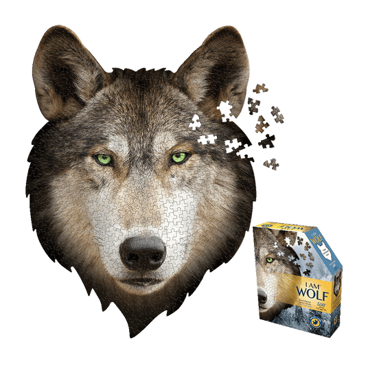I AM WOLF 550-piece jigsaw puzzle featuring wolf head with green eyes and scattered puzzle pieces, shown with product box