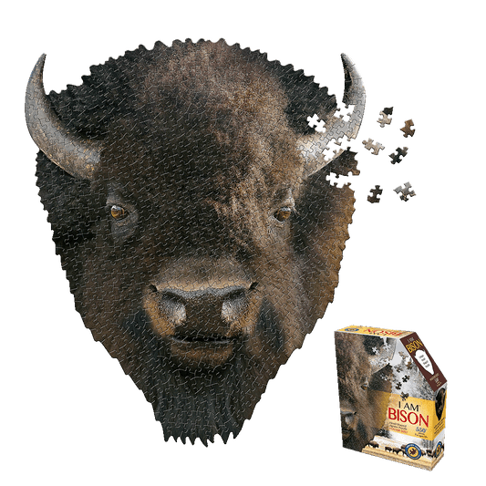 I AM BISON 550-piece jigsaw puzzle showing bison head-shaped puzzle pieces and completed puzzle box