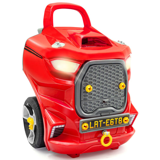 Red toy car engine playset with handle, light-up headlights, gray grille with yellow accents, and license plate detail