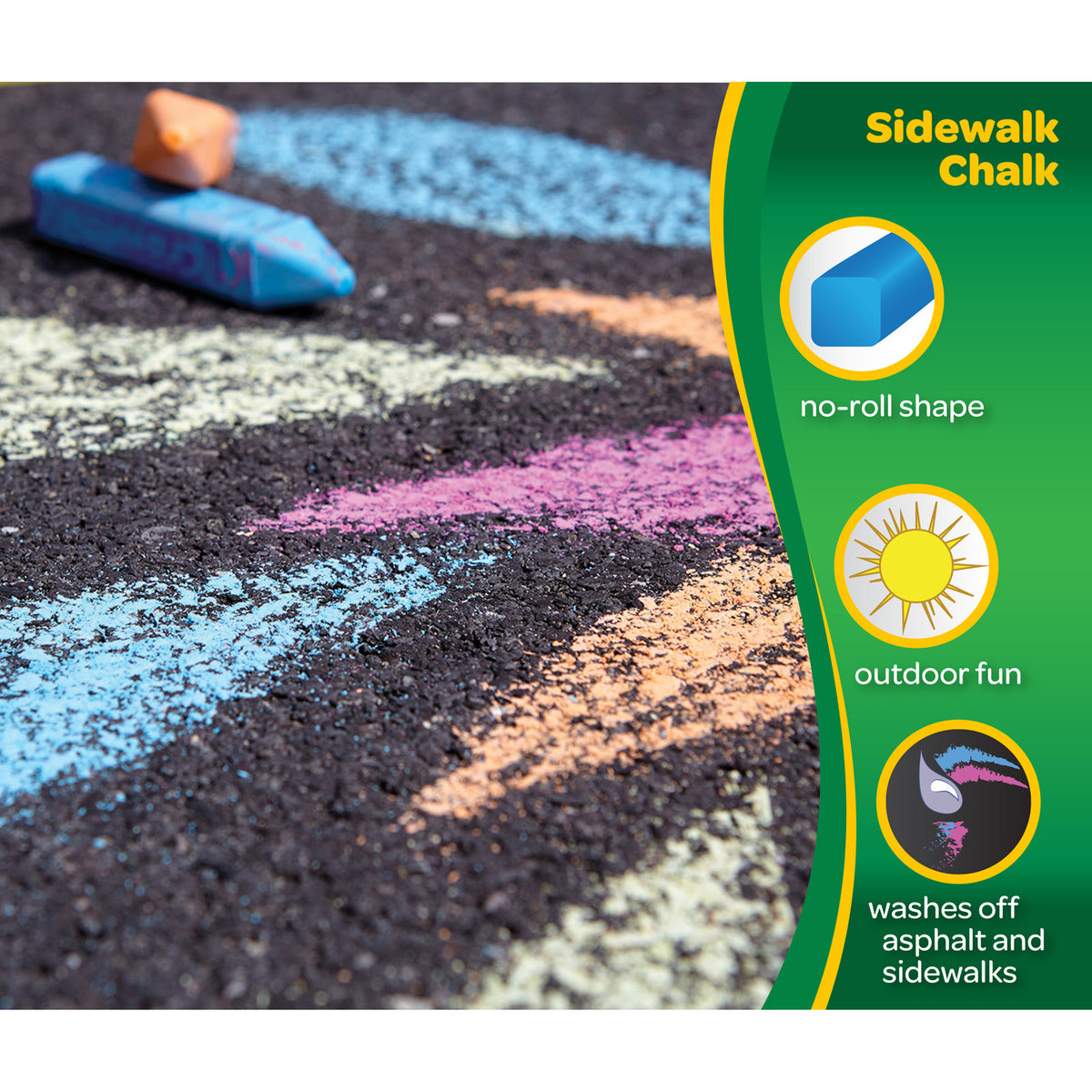 Crayola Washable Sidewalk Chalk 48-Count in blue, pink, yellow, and white on asphalt