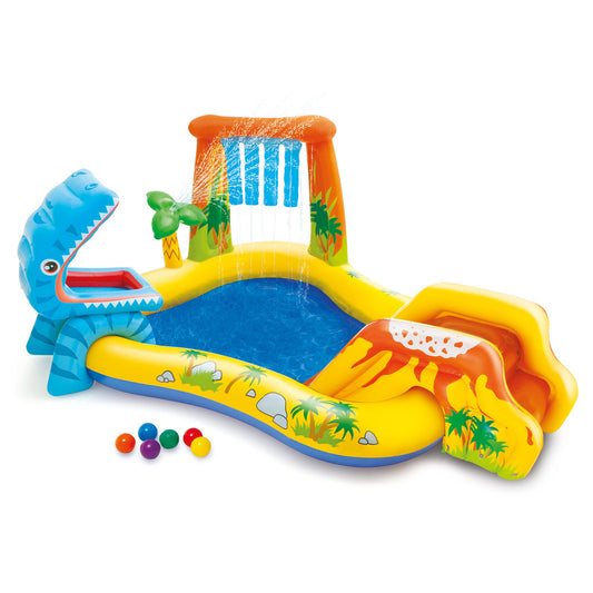Colorful inflatable dinosaur water play center with blue dinosaur head, yellow slide, ball toss game, and wading pool, includes colored balls