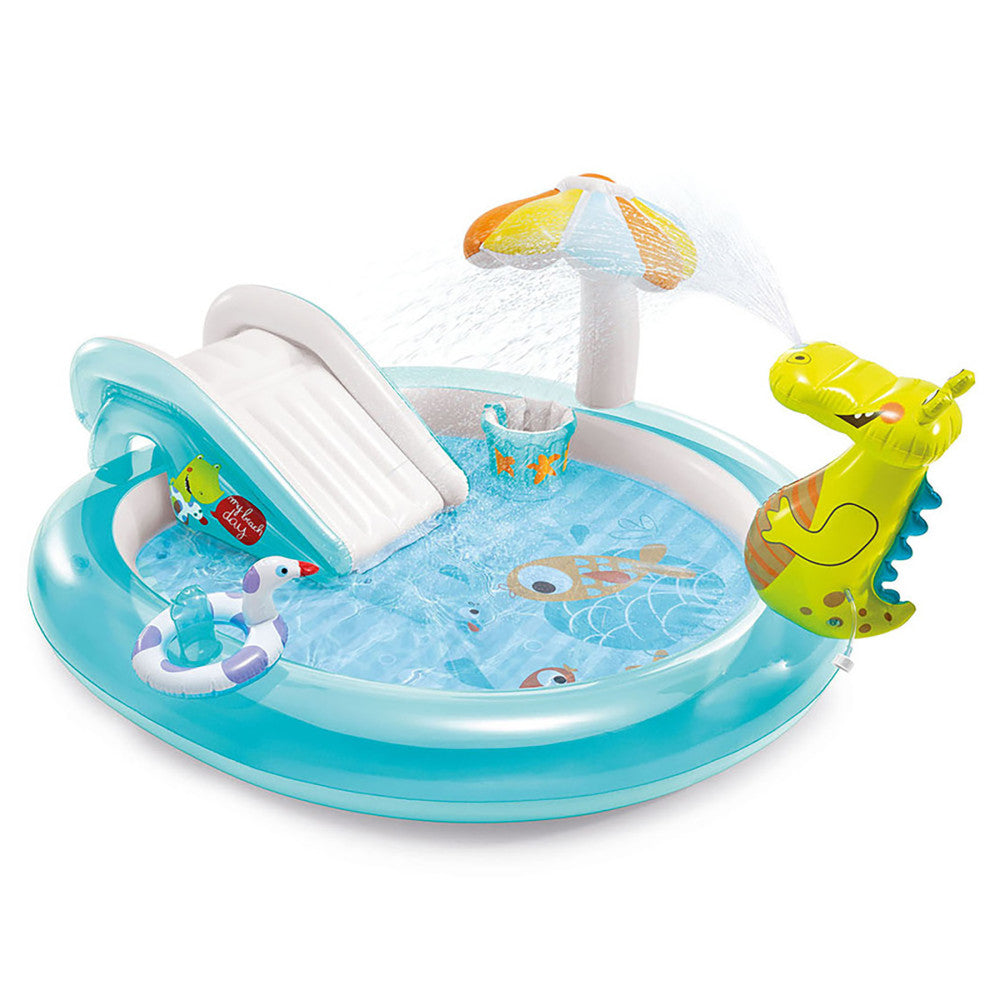 Turquoise inflatable pool play center with built-in slide, water sprayer umbrella, yellow alligator water squirter, and small float toys