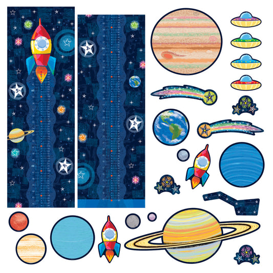 Space-themed growth chart set with rocket and planets on dark blue background, includes separate cutout pieces of planets, UFOs, rocket, and stars for assembly
