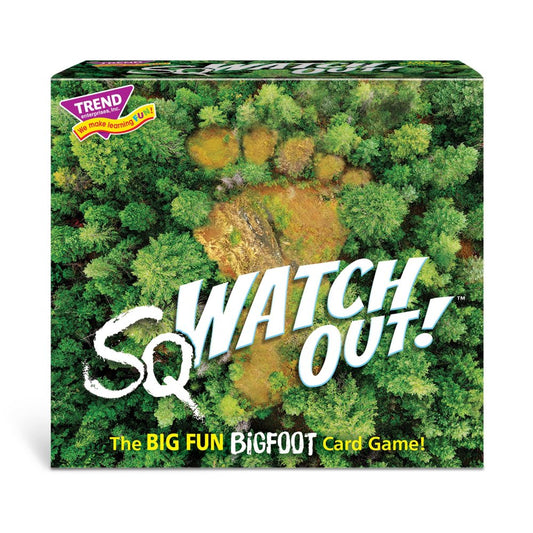 sqWATCH OUT! Bigfoot Mystery card game box with aerial forest background and TREND Enterprises logo
