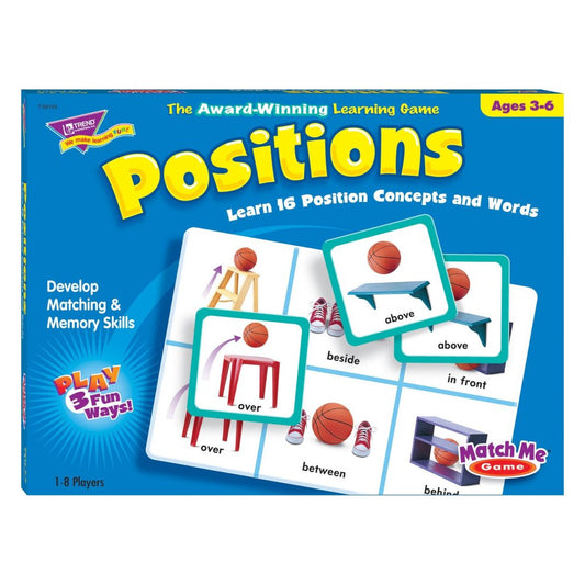 Positions learning game box showing colorful cards with basketball and furniture demonstrating spatial concepts like above, beside, over, between, and behind fo
