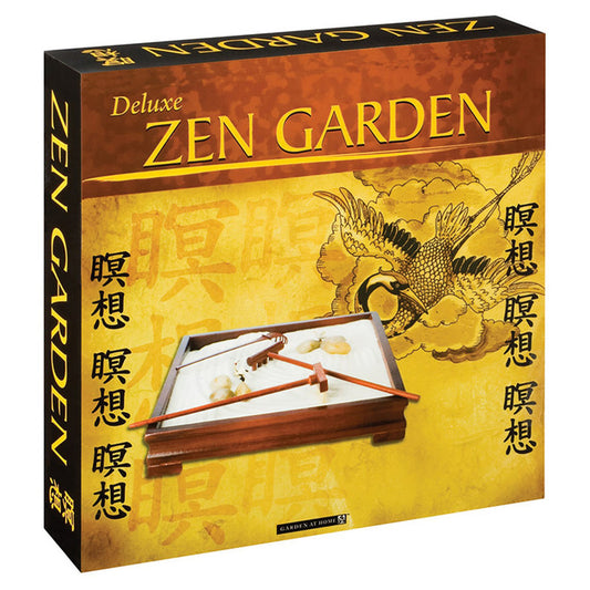 Deluxe Zen Garden box featuring rosewood-finish miniature meditation set with rake tools and sand tray, Japanese-inspired gold and brown packaging design