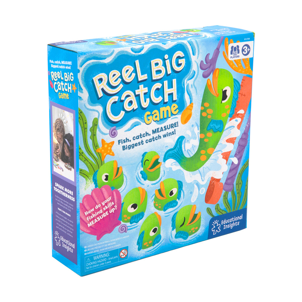 Reel Big Catch Measurement Game box featuring colorful fish illustrations and seaweed on blue background, 3+ players