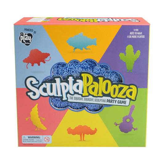 SculptaPalooza party game box featuring blue sculptable beads in center cloud shape, colorful animal silhouettes on sides, ages 10-adult, 4 or more players