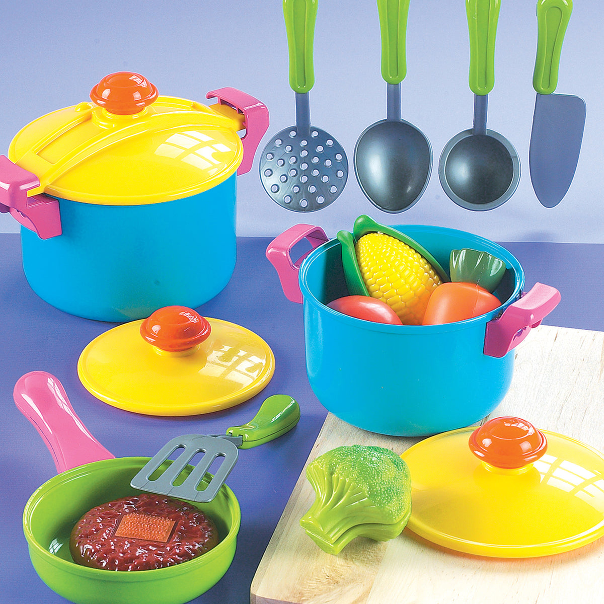 Young Chef's Cookware 11-Piece Playset with colorful pots, pans, utensils and play food