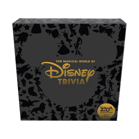 The Magical World of Disney Trivia board game box with gray background, black silhouettes of Disney characters and stars, gold Disney logo and text, 200+ questi