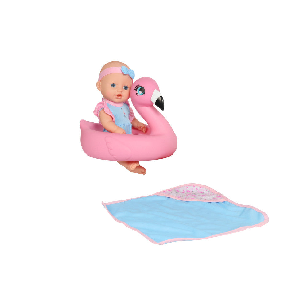 10-inch baby doll with pink headband wearing blue and pink outfit, seated on pink flamingo floatie, with matching blue and pink blanket displayed below
