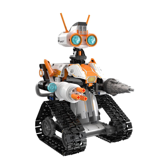 Orange and white tracked robot with dual rotating head featuring blue lights, articulated arms with grip claws, and black tank treads on plain background